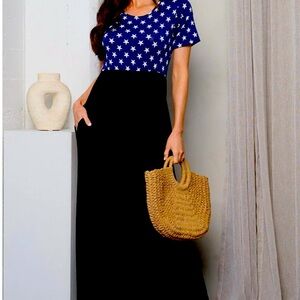 Women’s short sleeve pockets stars print Maxi Dress
